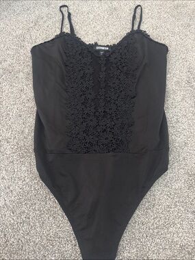 Express Black Floral Lace-Front One-Piece Bodysuit